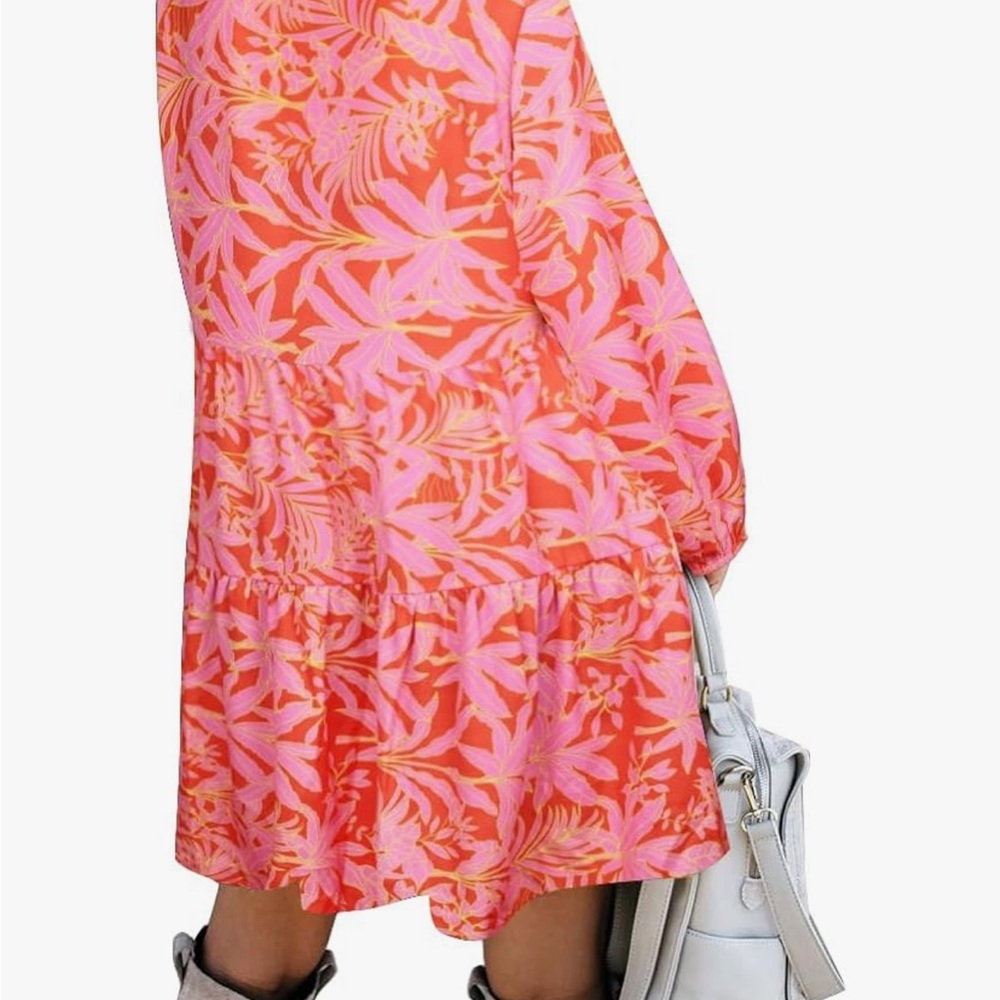 Floral Pink Orange Dress with Pockets - Picture 3 of 4